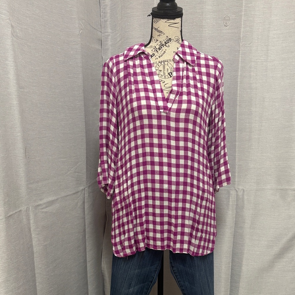 Soft Surroundings Purple Checkered Gingham 3/4 sleeve V-Neck Sz L